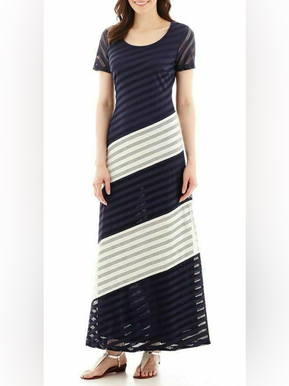 ECI Navy and White Diagonal Stripe Maxi Dress